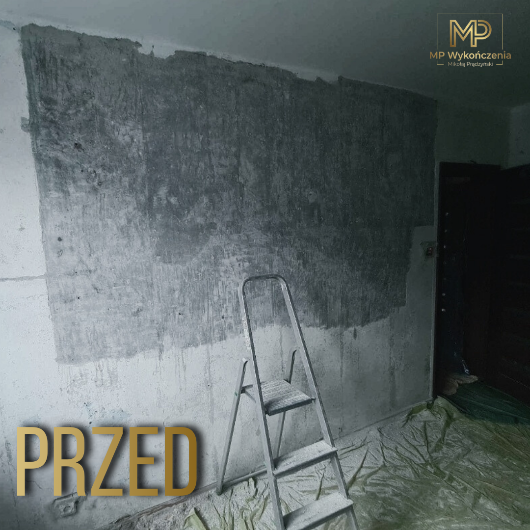 Pokój przed remontem - ściana w trakcie szpachlowania